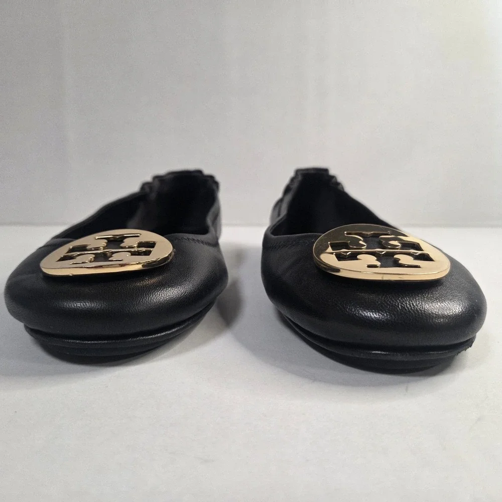 Tory Burch Minnie Travel Ballet Flats Black Leather Gold Logo Size 9.5 Women's